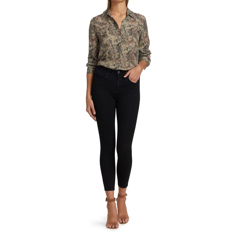 L'AGENCE Womens Top Size Small Olive Animal Print Viscose Blouse Button Up - Picture 2 of 9